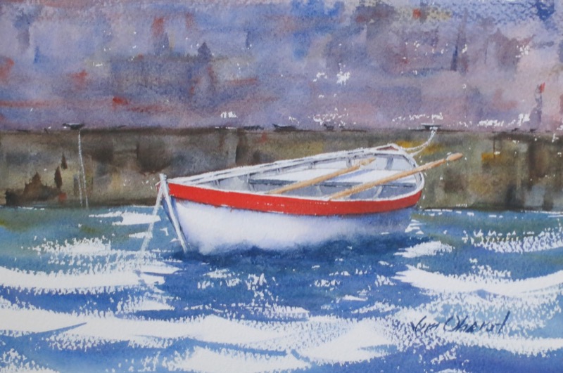 seascape, dock, boat, rowboat, original watercolor painting, oberst